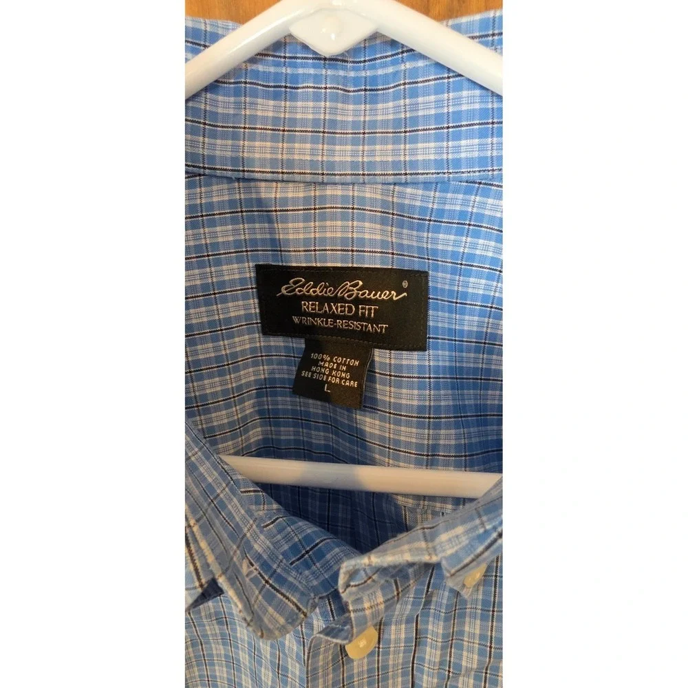 Eddie Bauer Button Down Shirt Mens L Blue Plaid Relaxed Fit Wrinkle Resistant - Picture 3 of 3